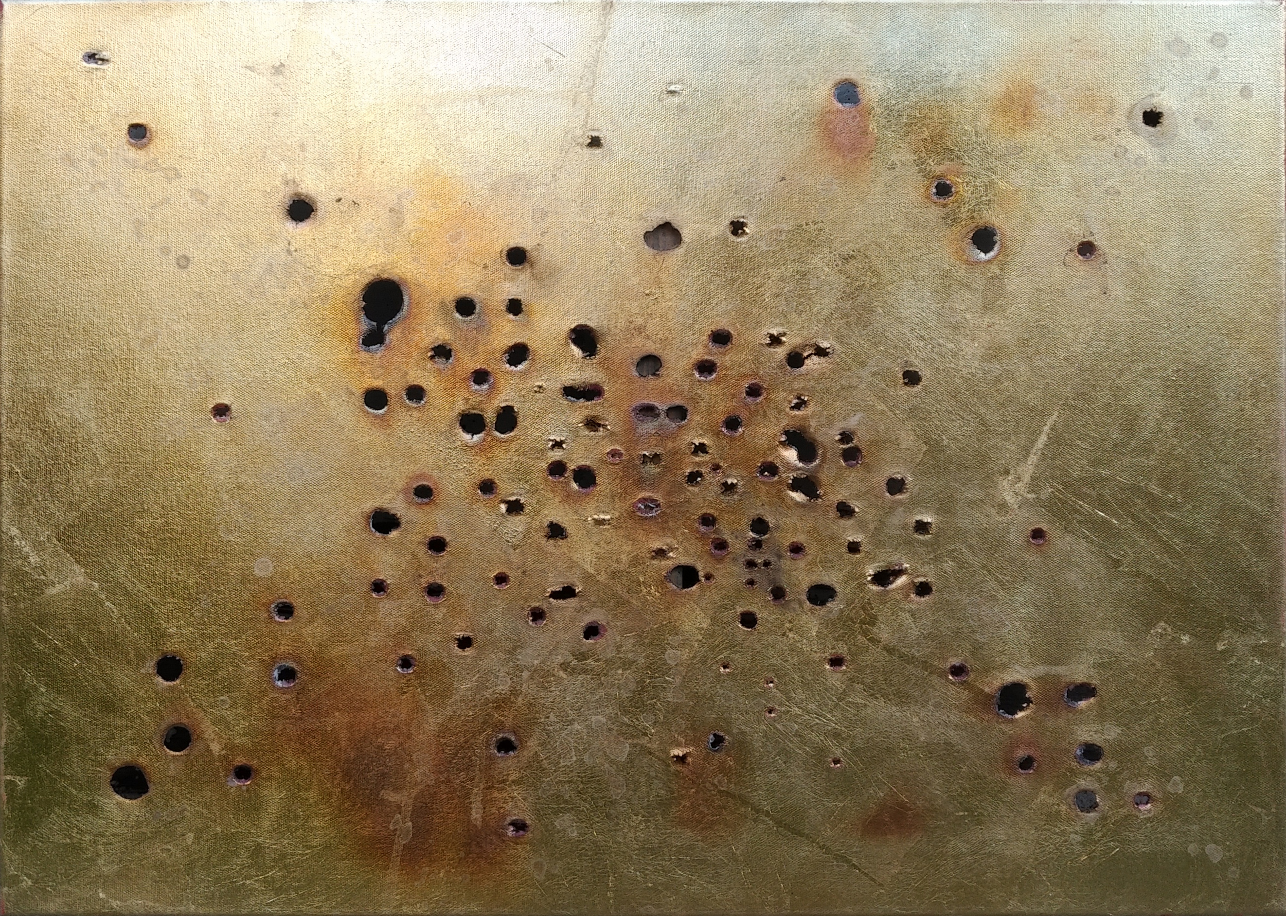 How much does it cost II triptich from the series How much does it cost, acrylic on canvas, imitation gold leaf, thread,  3x50cm x 70cm, 2021