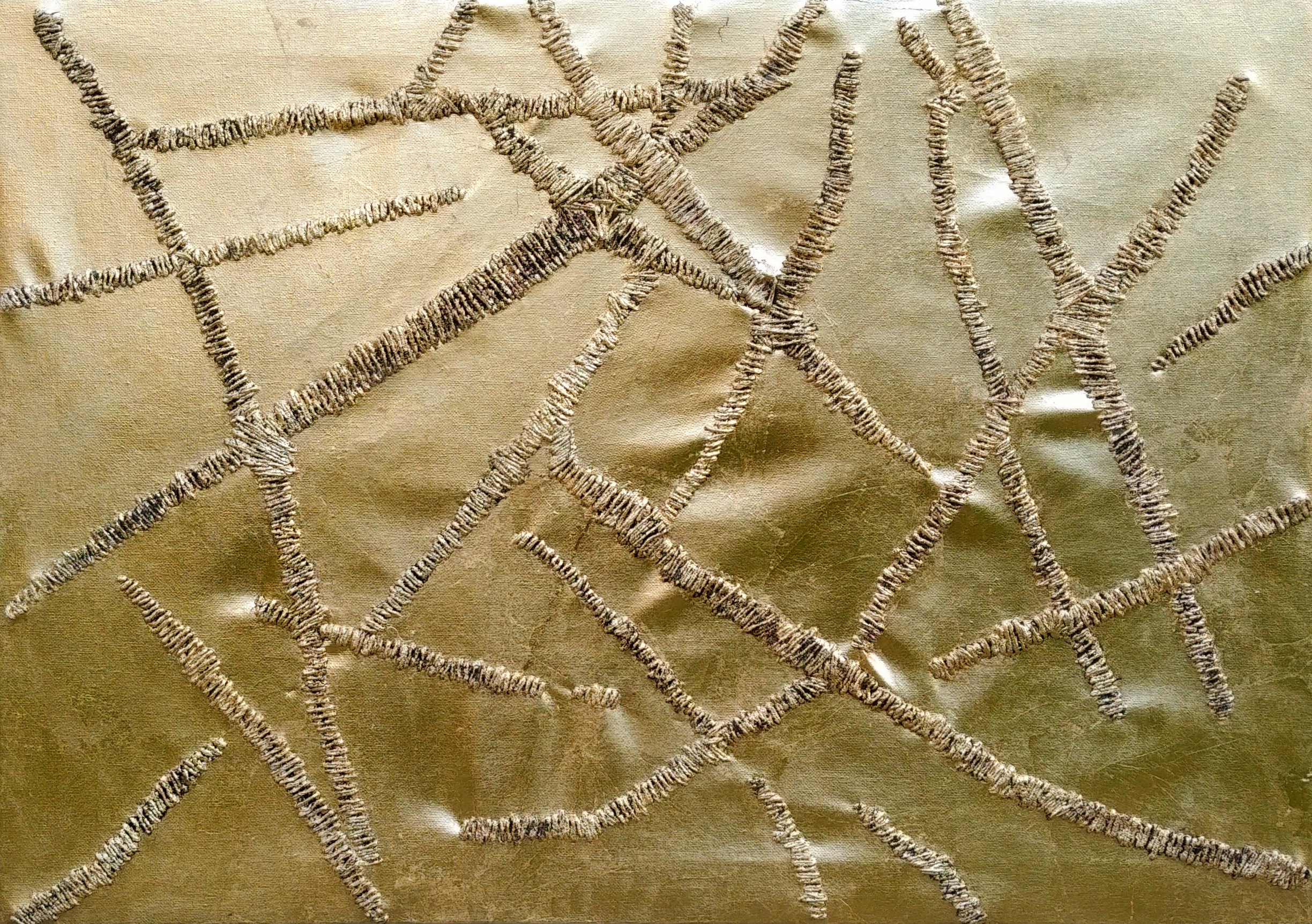 How much does it cost I, triptich from the series How much does it cost, acrylic on canvas, imitation gold leaf, thread, 3x50cm x 70cm, 2021